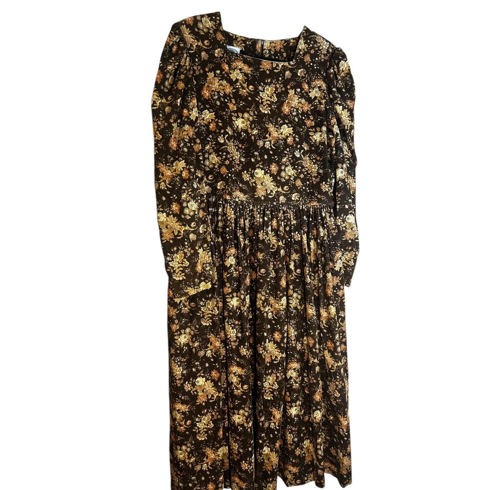 Laura Ashley Vtg 80s Sz 10 Brown Floral Corduroy Needlecore Cottage Modest Dress